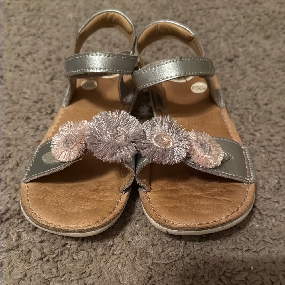 Stride Rite Silver and Tan Sandals with Floral Detail